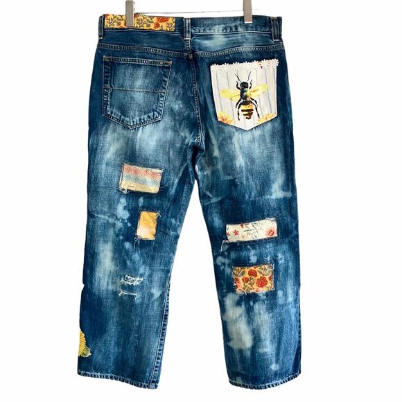 Upcyled Boyfriend Art Jeans 36 x 30 Altered Patchwork Bleach Patched Appliques - Picture 2 of 14